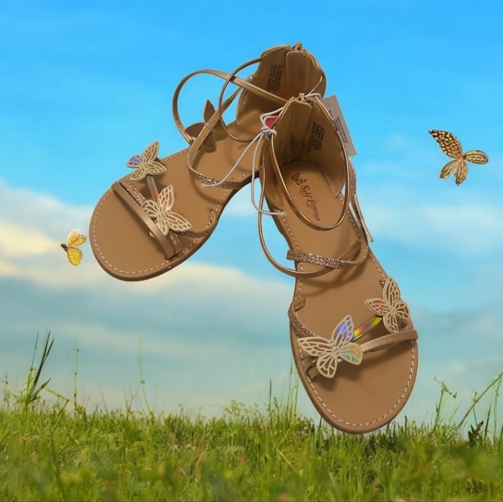 Sandles Girls <4> By Self Esteem. Beige Gold Butterfies. New W Tag